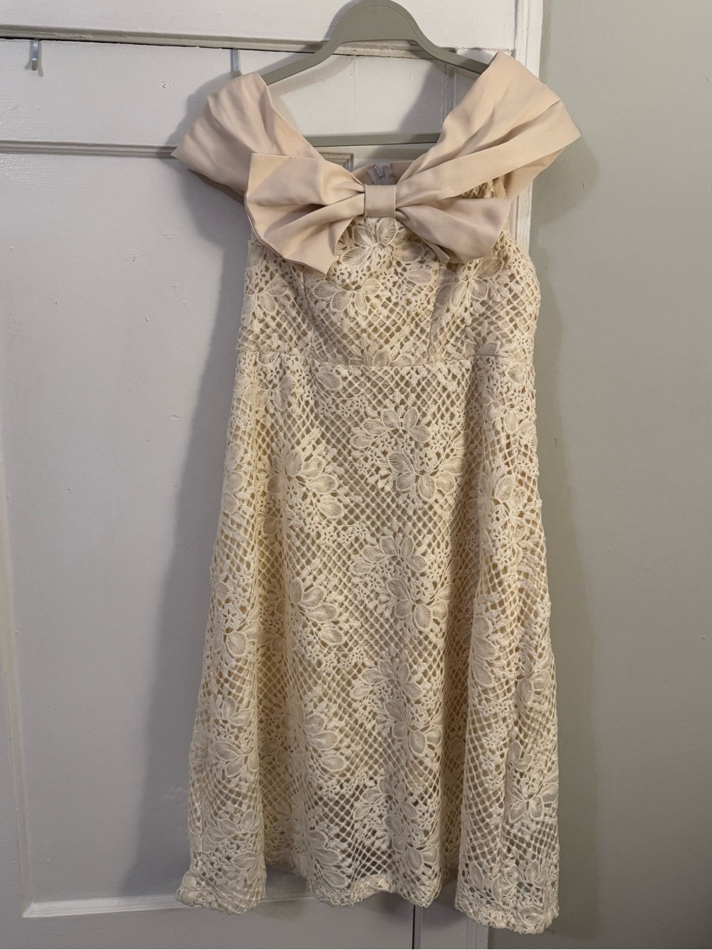 Cream Lace A-Line Dress with Bow Neck NWT